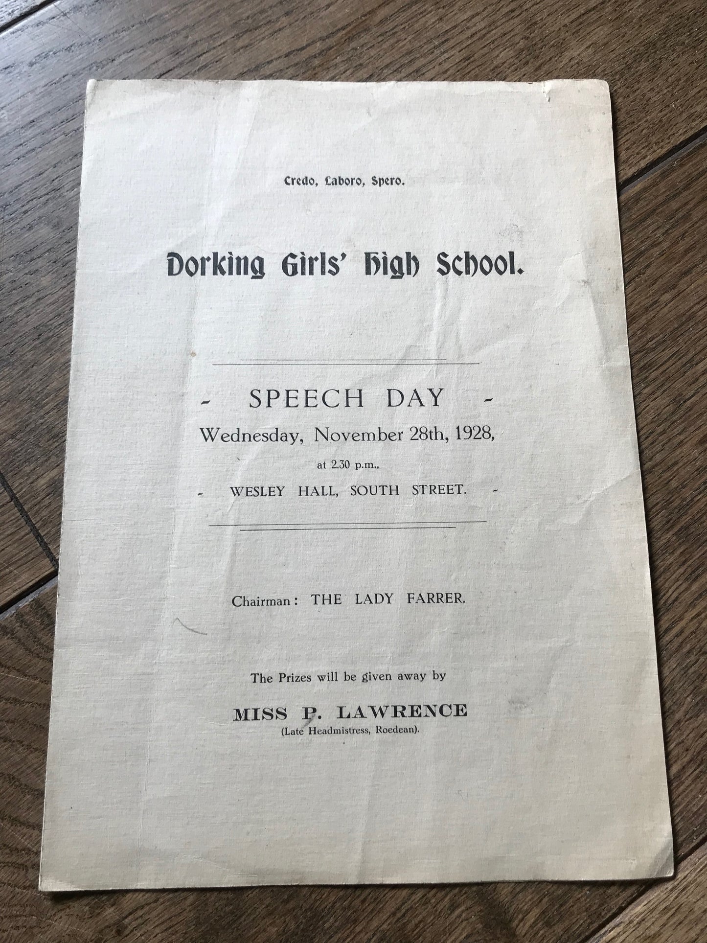 Dorking Girls' High School Speech Timetable 1928