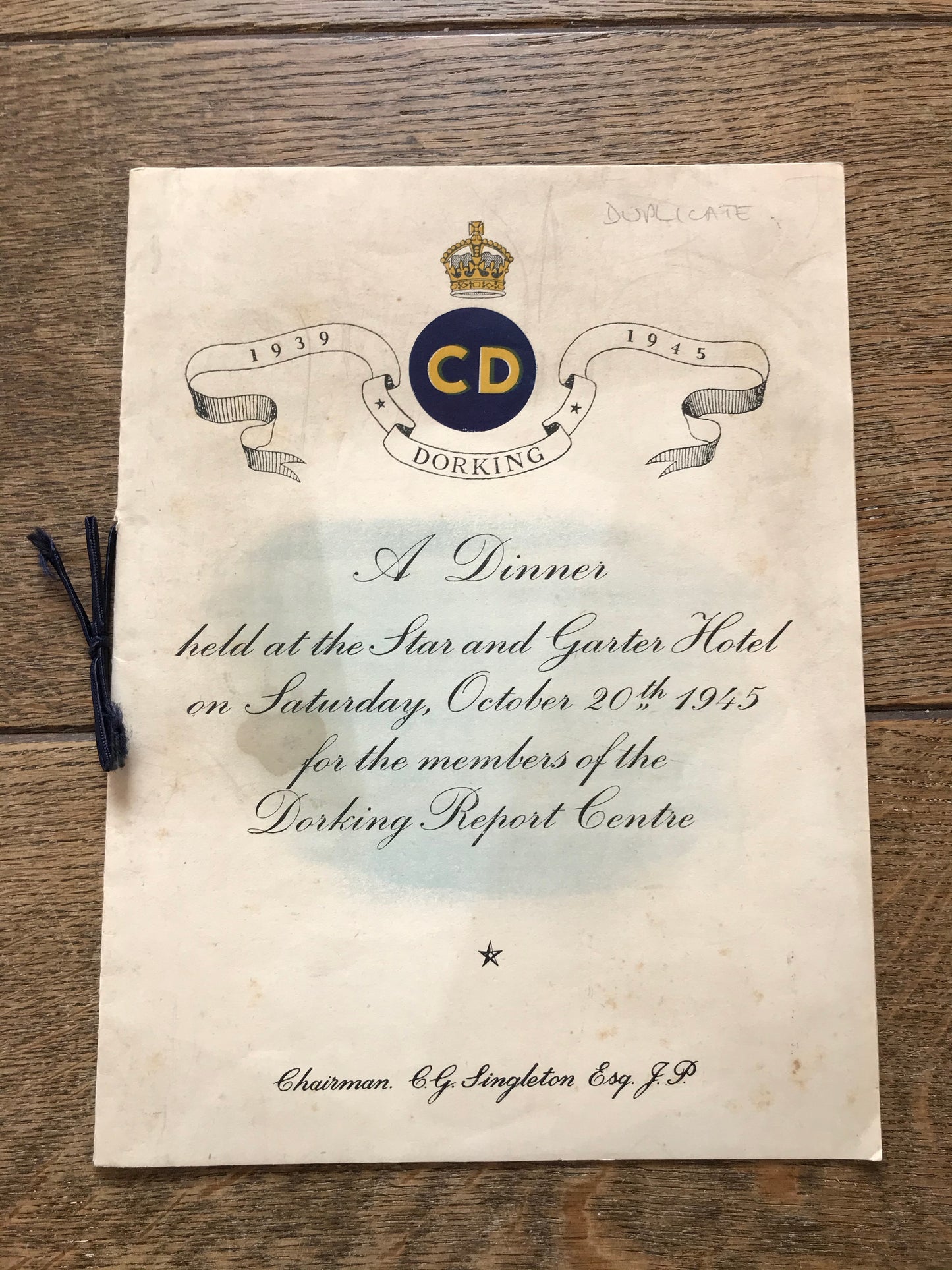 Dinner Menu for the Dorking Report Centre - 1945
