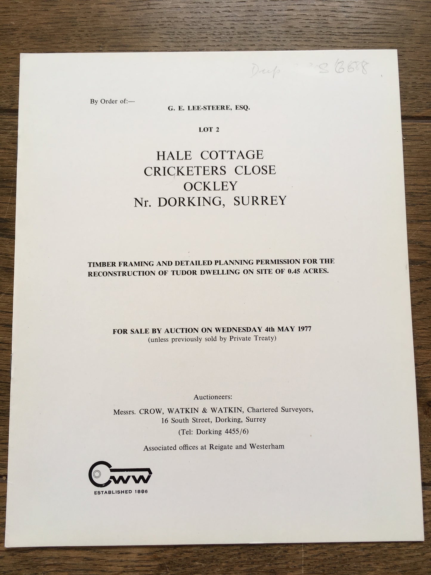 Hale Cottage, Cricketers Close, Ockley 1977 Sales Particulars