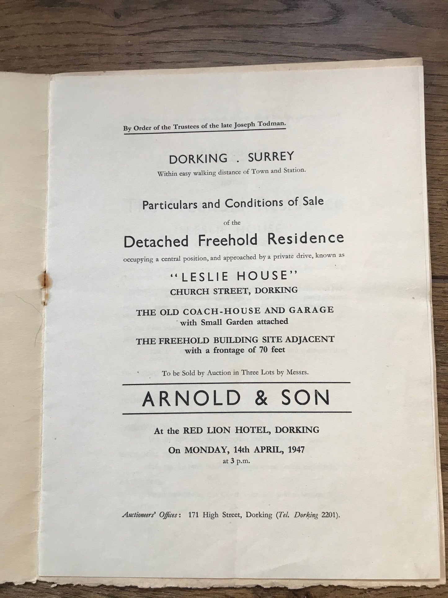 Leslie House, Church Street, Surrey 1947 Sales Particulars
