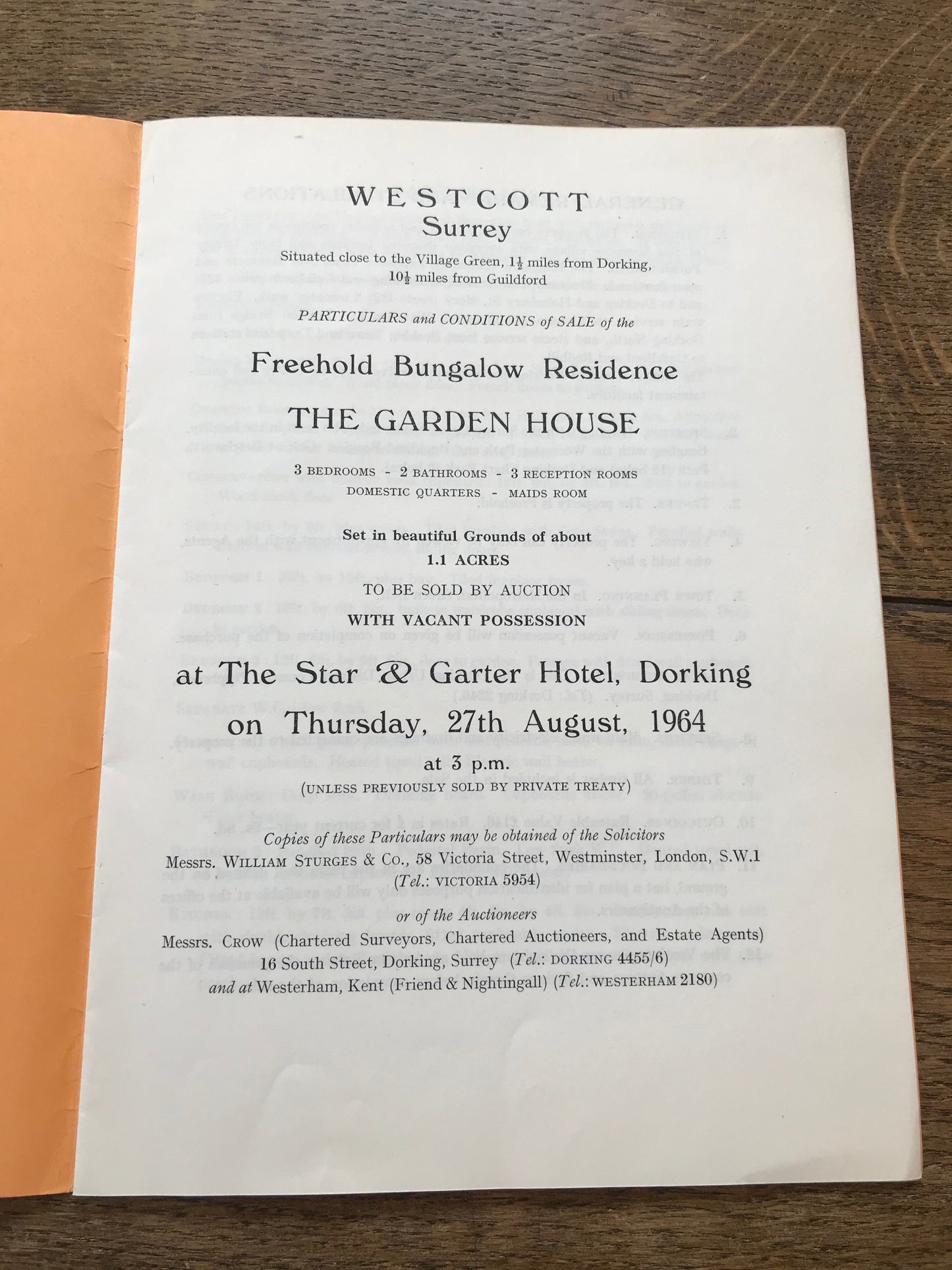 The Garden House, Westcott, Surrey 1964 Sales Particulars