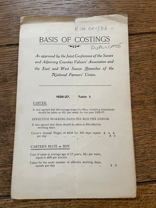 Basis of Costings - National Farmers Union (Sussex)