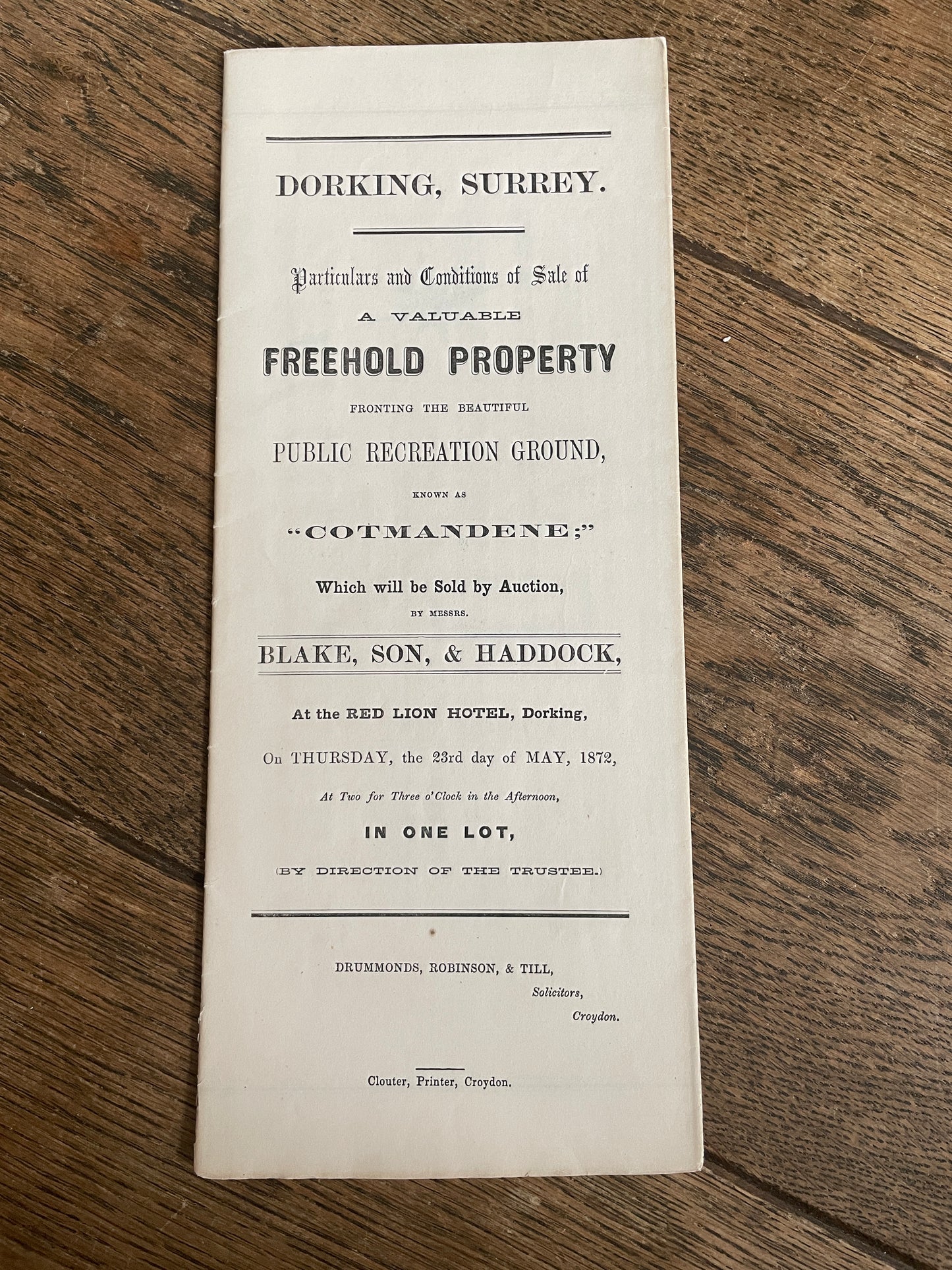 Two Freehold Properties on the Cotmandene, Dorking. 1872 Sales Particulars