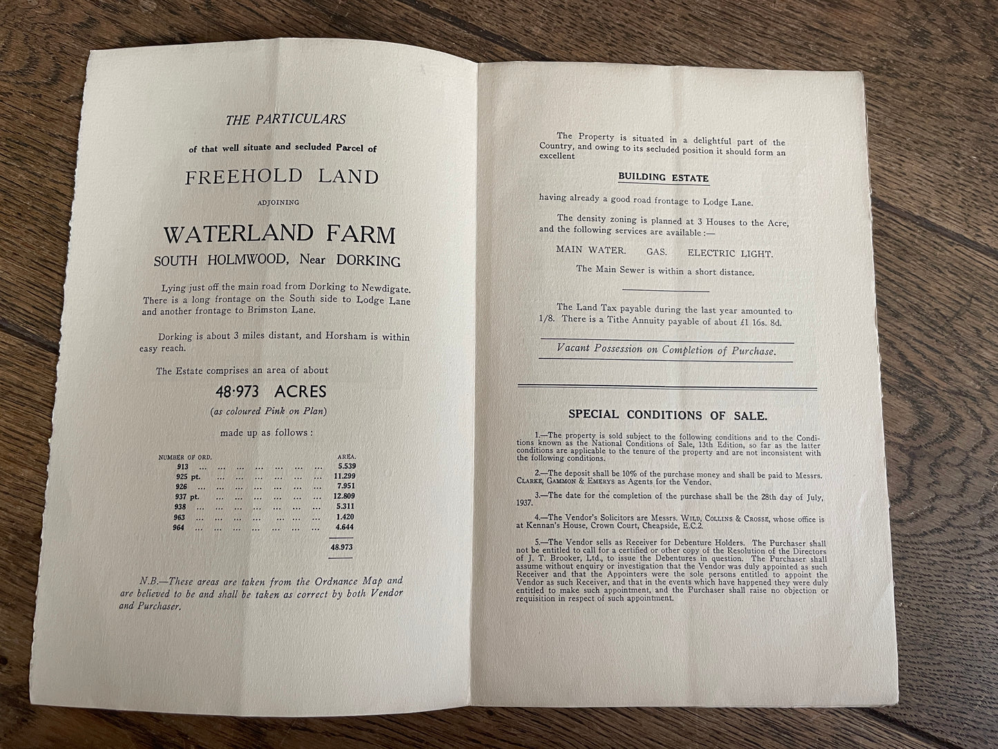 Waterland Farm, Holmwood, 1937 Sales Particulars