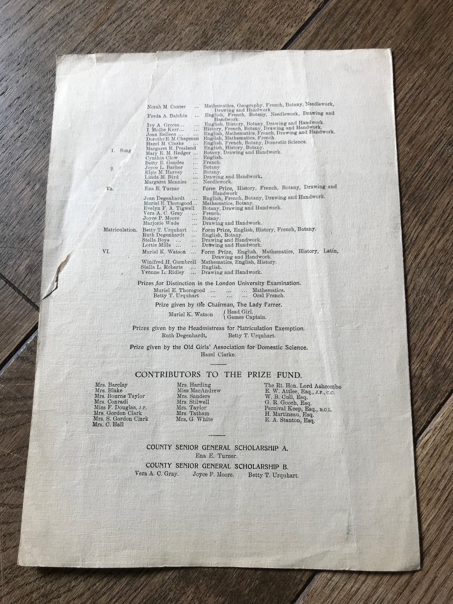 Dorking Girls' High School Speech Timetable 1928