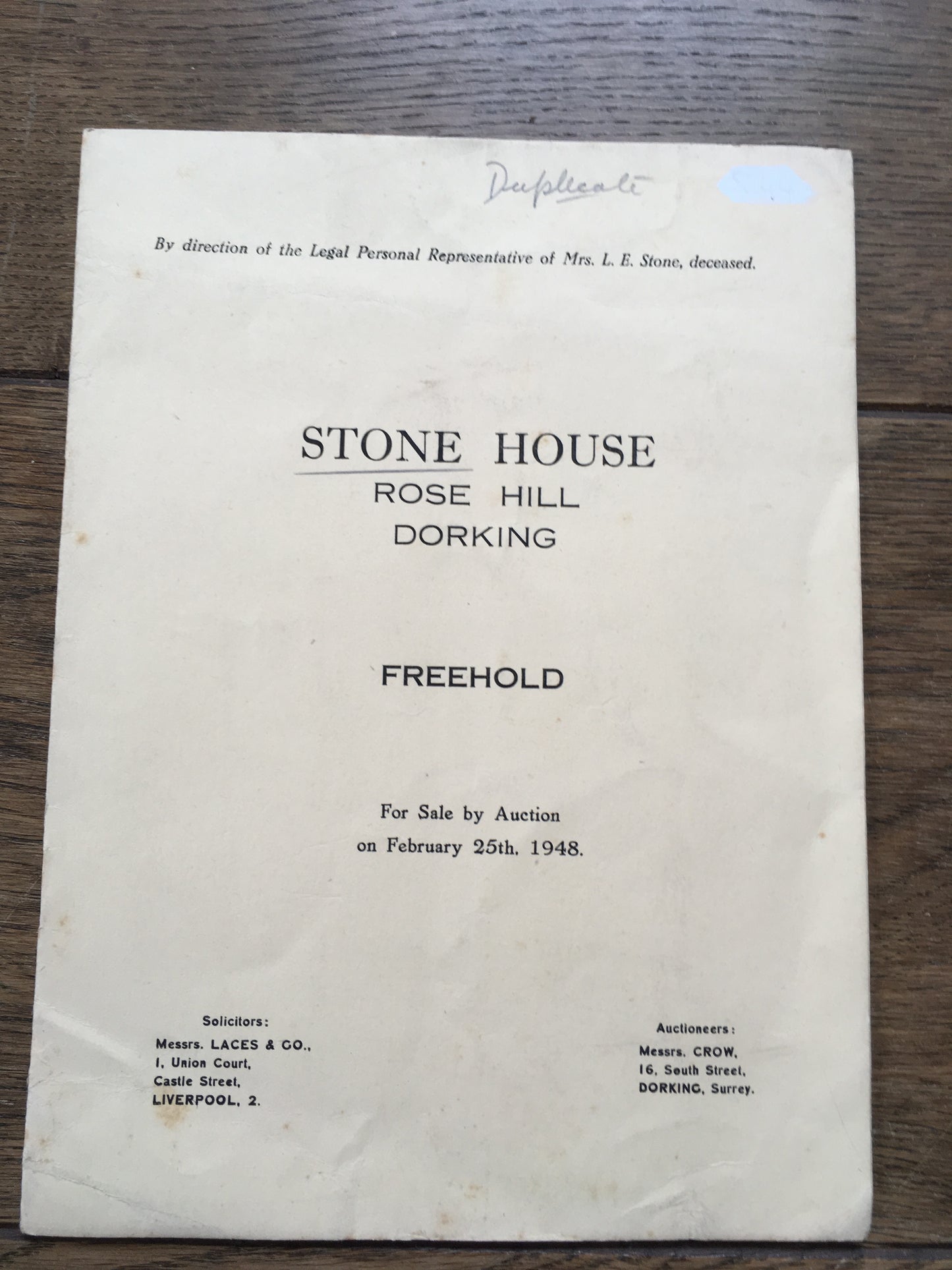 Stone House, Rose Hill, Dorking 1948 Sales Particulars