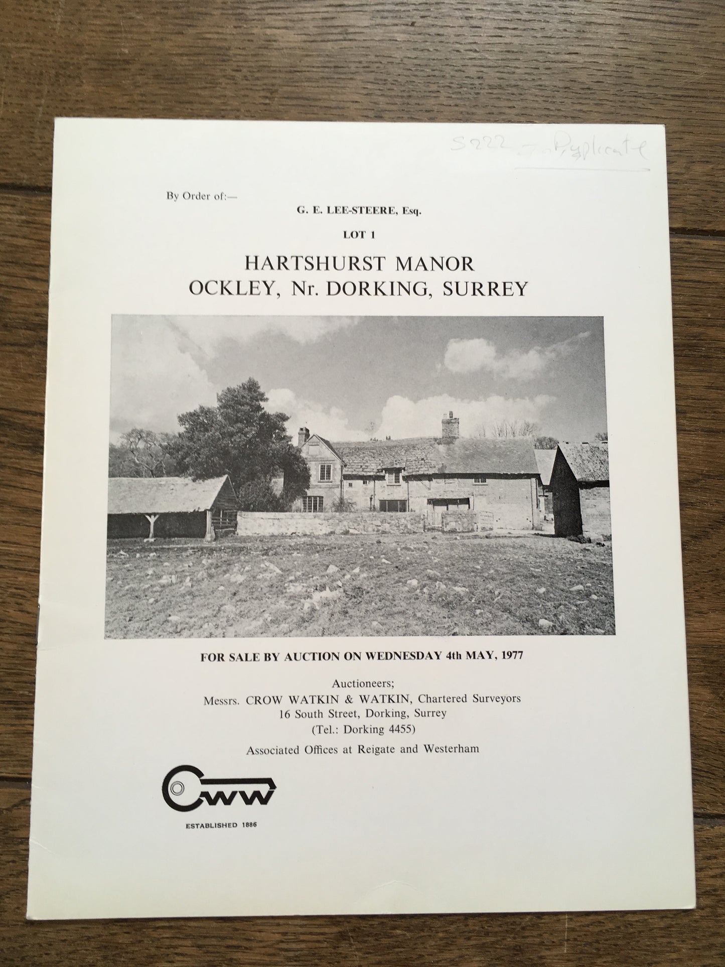 Hartshurst Manor, Ockley 1977 Sales Particular