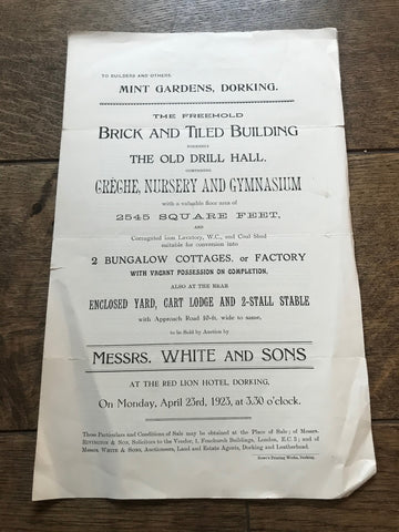 Old Drill Hall. Mint Gardens 1923 Sales Particulars