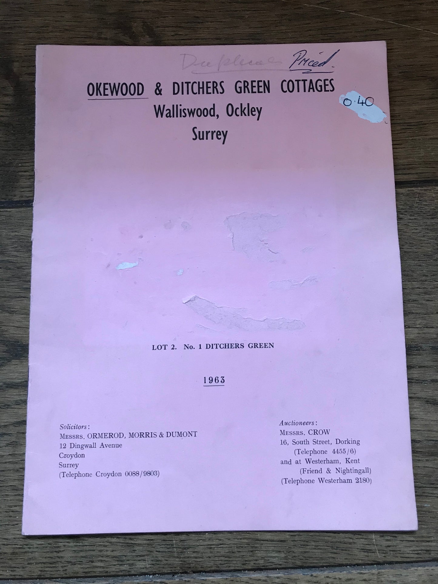 Okewood & Ditchers Green Cottages, Walliswood, Ockley. 1963 Sales Particulars