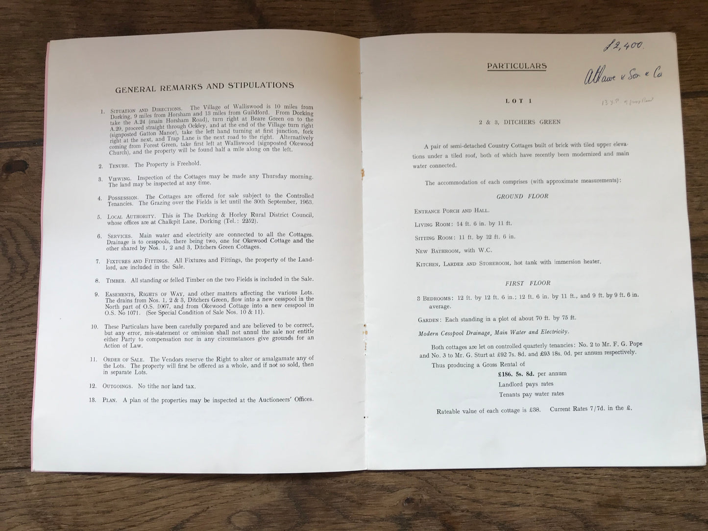 Okewood & Ditchers Green Cottages, Walliswood, Ockley. 1963 Sales Particulars