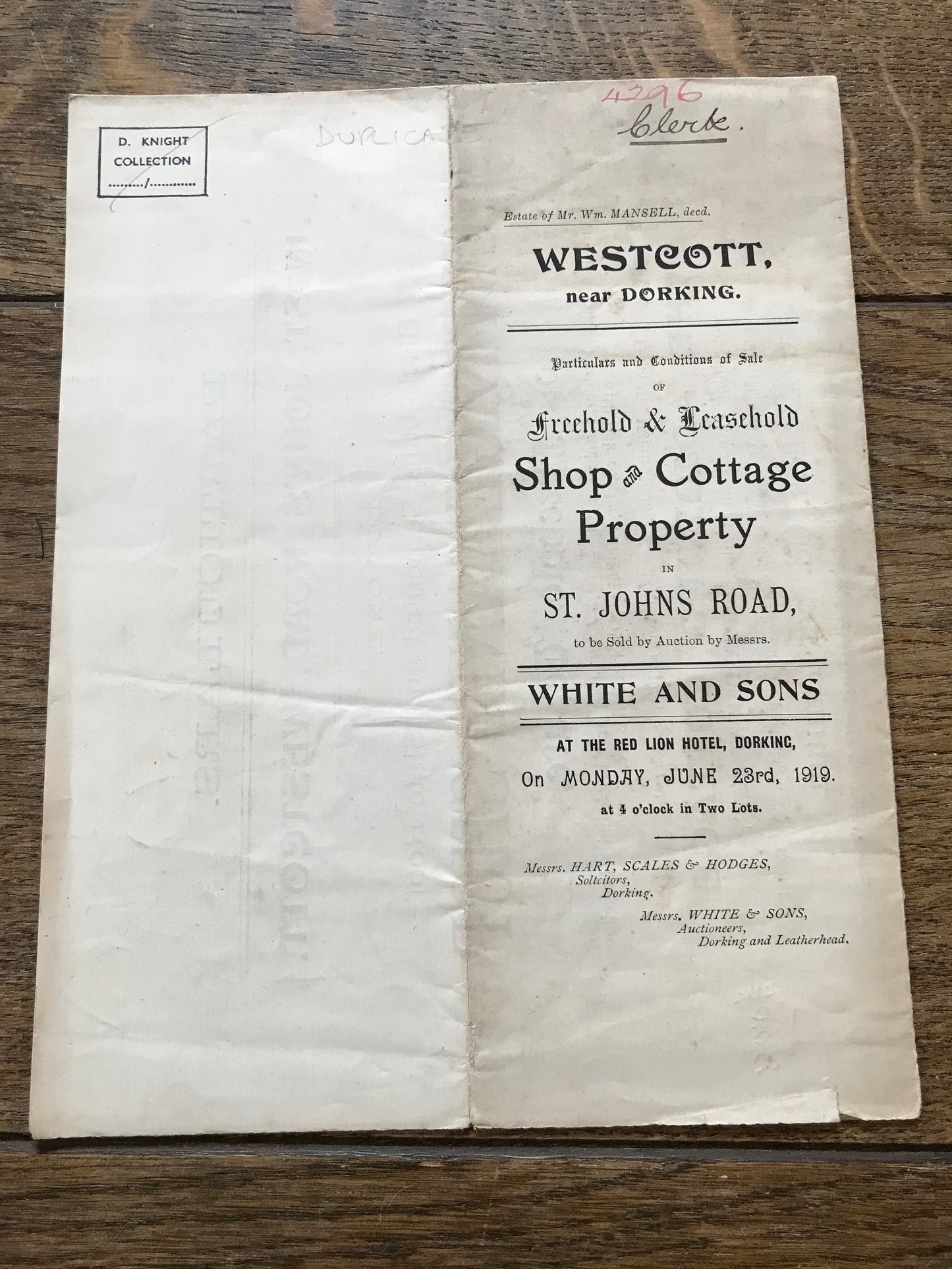 Shop & Cottage, St. John's Road, Westcott 1919 Sales Particulars