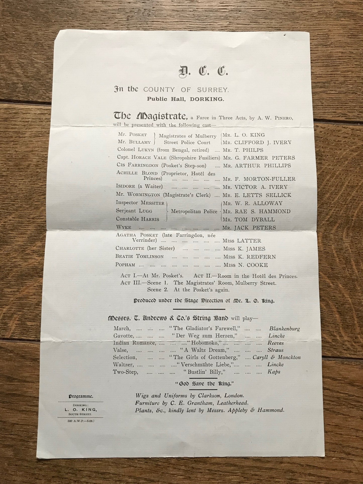 Dorking Comedy Company Programme for The Magistrate. 1908