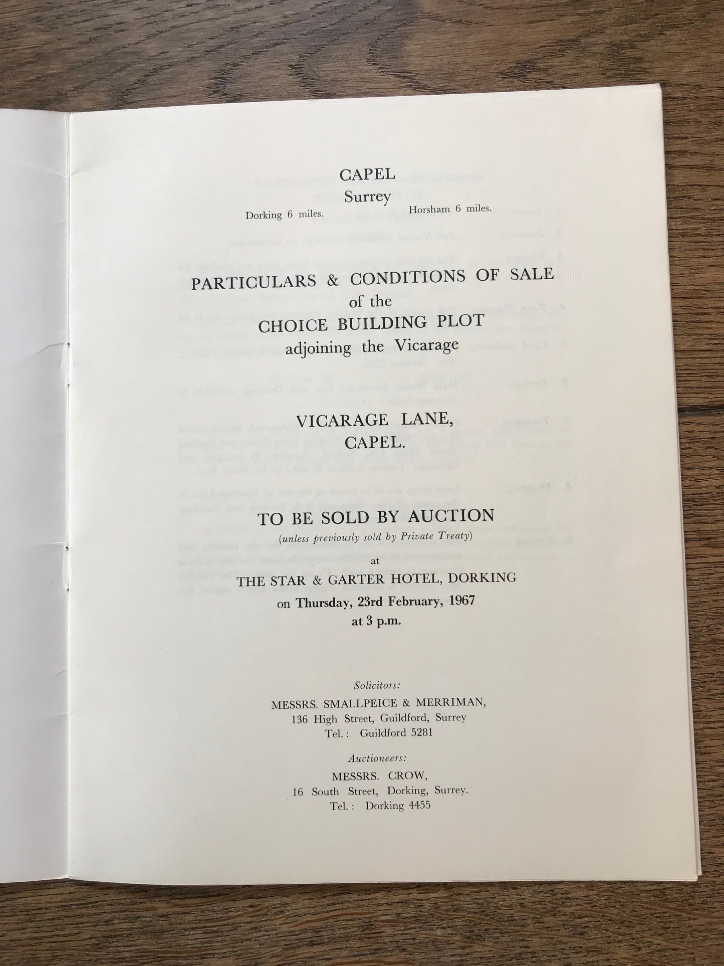 Vicarage Lane, Capel, Building Plot. 1967 Sales Particulars